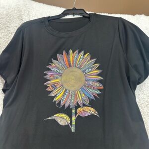 SHEIN Black Tee with Colorful Sunflower Design